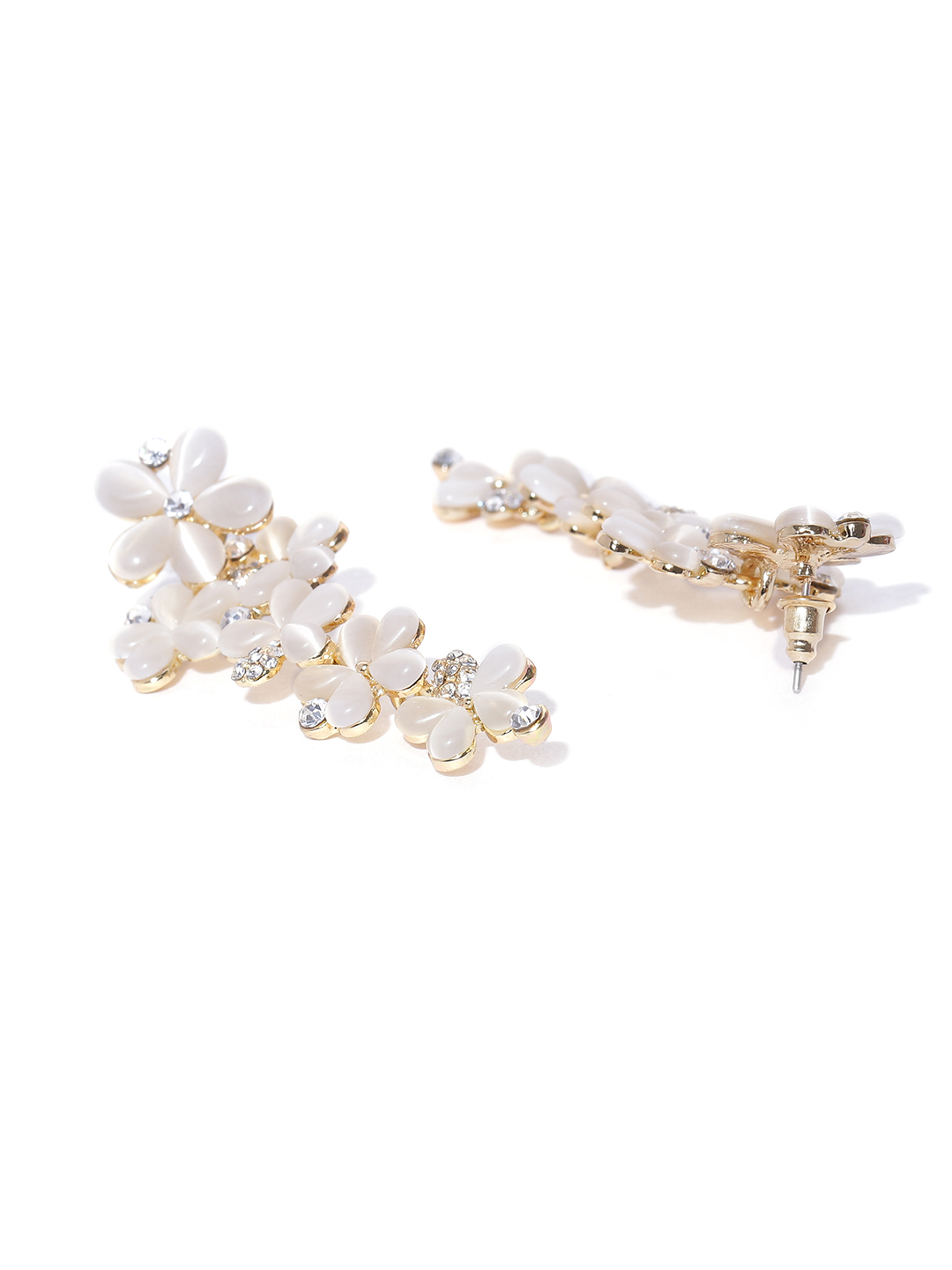 YouBella Off-White Gold-Plated Stone-Studded Floral Drop Earrings